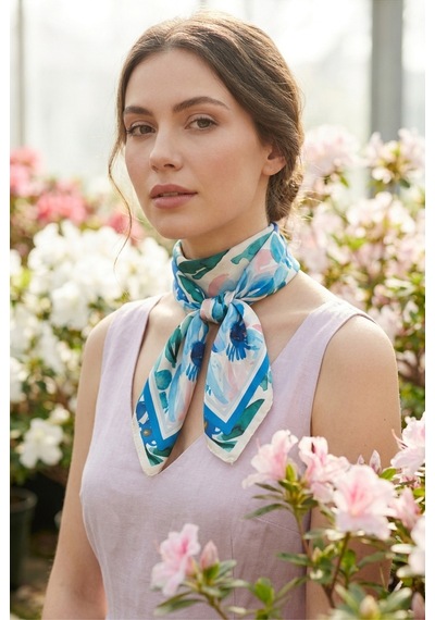 Last İcon Mavi Pembe Suluboya Çiçek Desenli İpek Fular Şal Bandana Çok Renkli