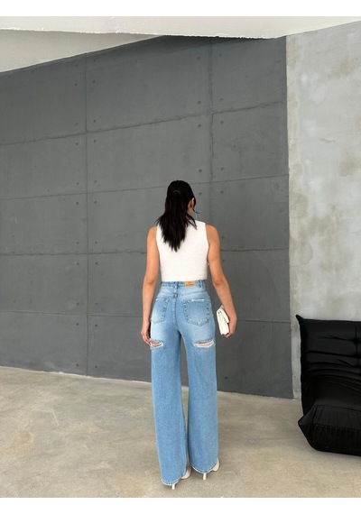 Zeo Basic Denim Wide-leg Pantolon Ön-arka Lazerli Orta Mavi Orta Mavi