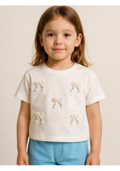 Nk Kids Kız Çocuk Fiyonk İşlemeli Pamuklu T-shirt-15965 Ekru Mavi