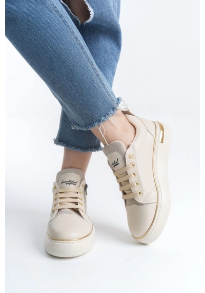 Dına Bağcıklı Fermuarlı Ortopedik Taban Kadın Sneaker Spor Ayakkabı Ckt - Krem/altın Krem