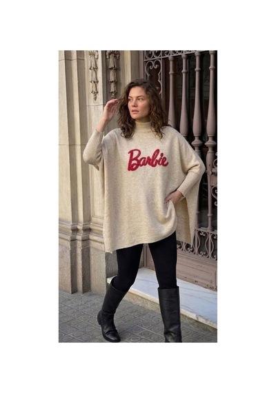 Onno Style Women Barbie Nakışlı Yırtmaçlı Triko Kadın Panço Bej