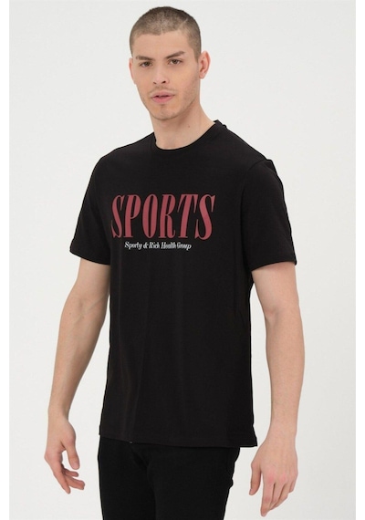 Rich Erkek Siyah Basic T-shirt Baskılı Slim Fit %100 Pamuk Tişört SIYAH