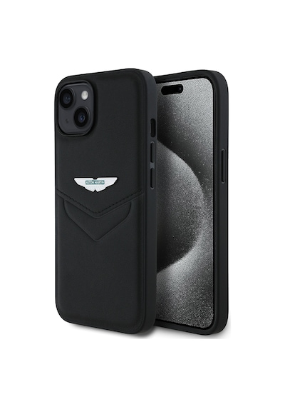 Apple Uyumlu iPhone 15 Kılıf Aston Martin Lisanslı Victory Dizayn Pu Deri Metal Logolu Kapak Siyah