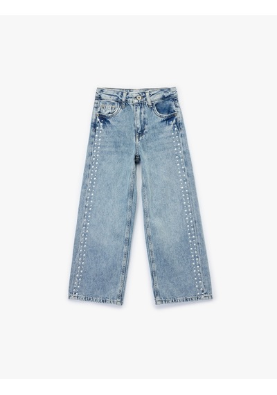 Koton Pamuklu Rahat Kesim Zımba Detaylı Geniş Paça Denim Pantolon Lıght Indıgo 6wkg40067ad Açık Mavi
