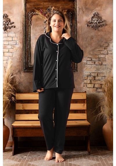 SUDE HOMEWEAR Düğmeli Battal Uzun Kol Pijama Takımı Siyah