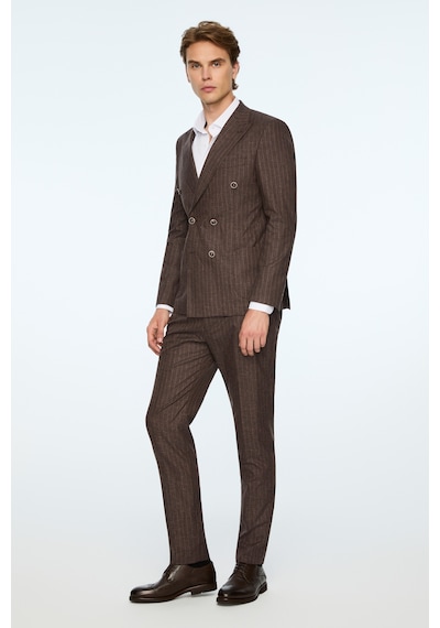 Morven Erkek Kahve Keten Trend Çizgili Slim Fit Sivri Yaka Kruvaze Takım Elbise 26ys001001400 Kahve