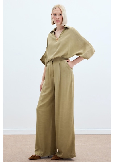 Sateen Keten Karışımlı Pantolon - Haki-136275 Haki