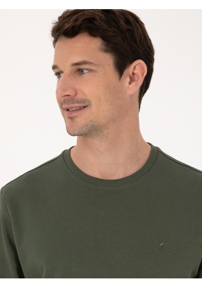 Haki Regular Fit %100 Pamuk 3 İplik Bisiklet Yaka Sweatshirt Yeşil