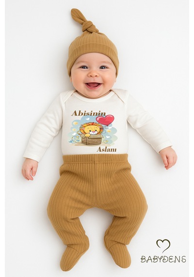 Babyden's Abisinin Aslanı Yazılı 3 Lü Bebek Takımı Uzun Kollu Çıtçıtlı Body,fitilli Patikli Pantolon Şapka Set Açık Kahverengi