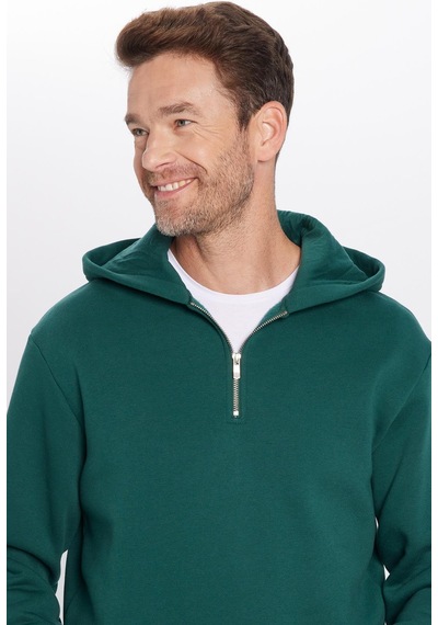 Tudors Unisex Relax Fit Rahat Kesim Pamuklu İçi Polarlı Yarım Fermuarlı Haki Kapüşonlu Sweatshirt-32460 Haki