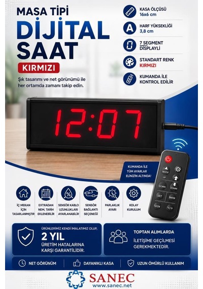 Sanec Masa Tipi Dijital Saat Derece Kasa: 16x6 Cm, Kırmızı Diğer