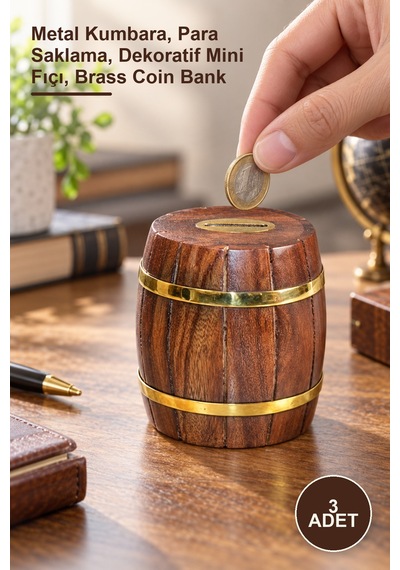 3 Adet Pirinç Fıçı Kumbara Metal Kumbara, Para Saklama, Dekoratif Mini Fıçı, Brass Coin Bank 1