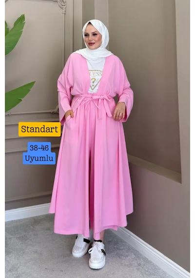 Balenbi Kadın Kuşaklı Kimono Hırka Bol Paça Pantolon Takım Tesettür 2'li Kombin 1230 Pembe Balenbi Kadın Kuşaklı Kimono Hırka Bol Paça Pantolon Takım Tesettür 2'li Kombin 1230 Pembe