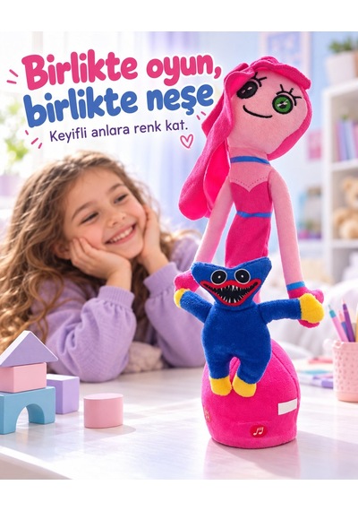 Misan Oyuncak Pembe Peluş Bebek 33 Cm Mavi Canavar Figürlü, Düğme Gözlü Tasarım