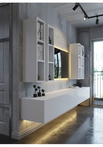 Resital Ledli Duvara Monte Tv Sehpası - Beyaz - W6005-1 Beyaz