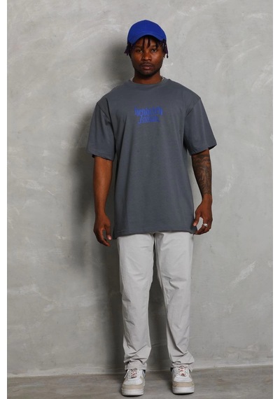 Ertaştrendstore Erkek Baskılı Tişört Kısa Kol Bisiklet Yaka Oversize T-shirt - Füme Çok Renk
