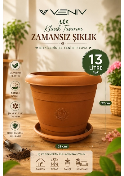 Dekoratif Antik Alt Tabaklı Saksı 13 Litre 1 Adet