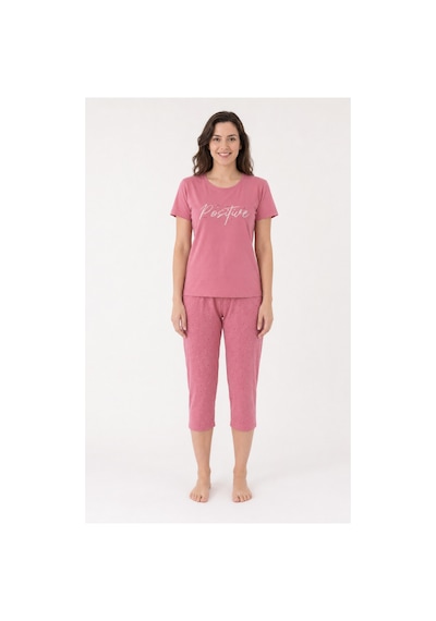 Pijamask Kadın Gül Kurusu Positive Baskılı Kısa Kollu Kapri Pijama Takımı Pamuklu Yazlık Ev Giyimi P14-50 Pembe