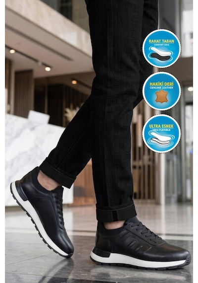 Voyager Erkek Siyah Hakiki Deri Casual Ayakkabı Bağcıklı Rahat Konfor Tabanlı Sneaker M294 M
