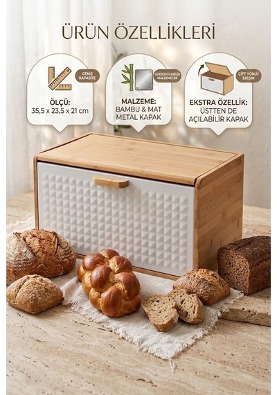 Atbyhome Çift Açılır Kapaklı Doğal Bambu Ekmek Kutusu 35.5x23.5x21 Cm - Beyaz Mat Metal Tezgah Üstü Ekmeklik