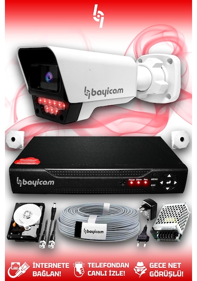 Bayicam 1 Kameralı Süper 1 Dış Kamera Set 100 GB 5 MP 2K Net Gece Görüşlü Güvenlik Kamerası Sistemi