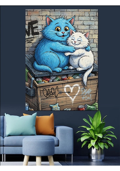 Ahşap Tablo Sarılan Sevimli Kedi Çifti