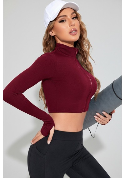 Beru Kadın Bordo Uzun Kol Fermuarlı Parmak Geçme Detaylı Dik Yaka Crop Top Bluz L - XL