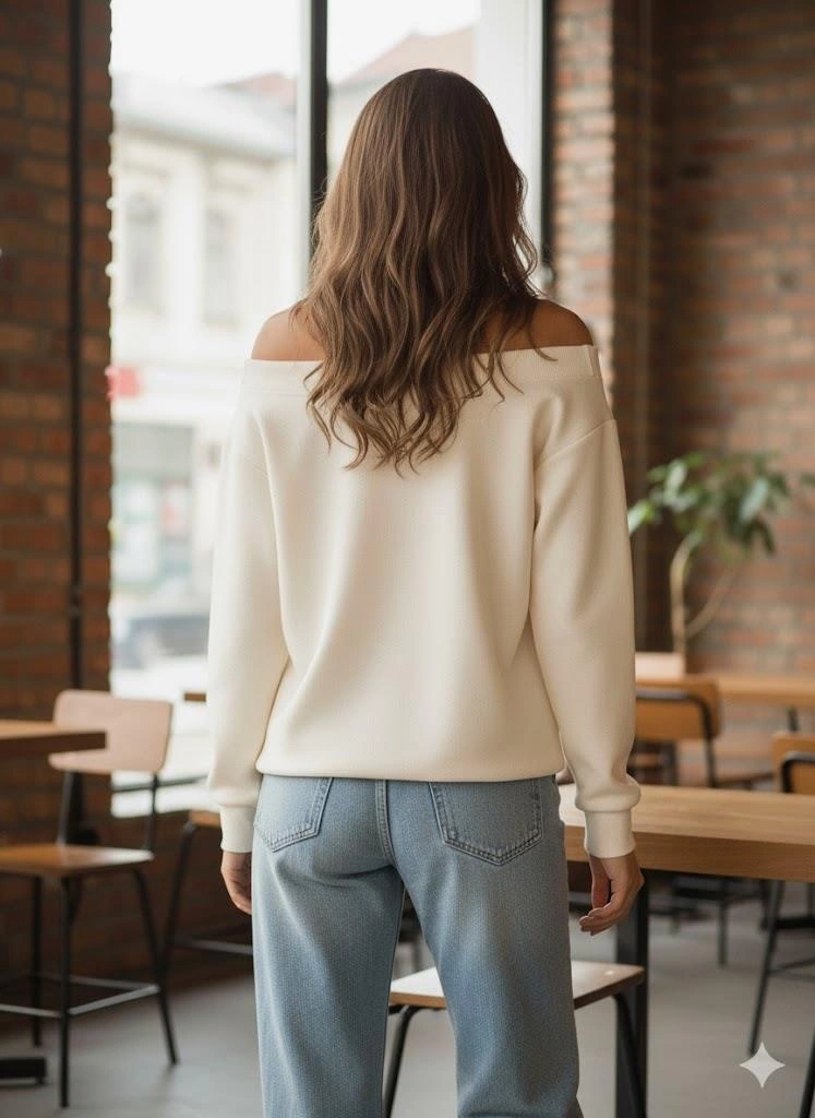 Afri Ekru Kadın Oversize Dudak Baskılı Sweatshirt -kayık Yaka 3 İplik Kumaş, Off Shoulder, Rahat Günlük Sweat Ekru