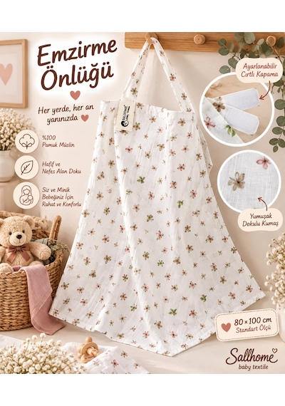 Sallhome Baby Textile %100 Pamuk Müslin Çiçek Desenli Emzirme Önlüğü 80x100 CM Ayarlanabilir Cırtlı Kapama