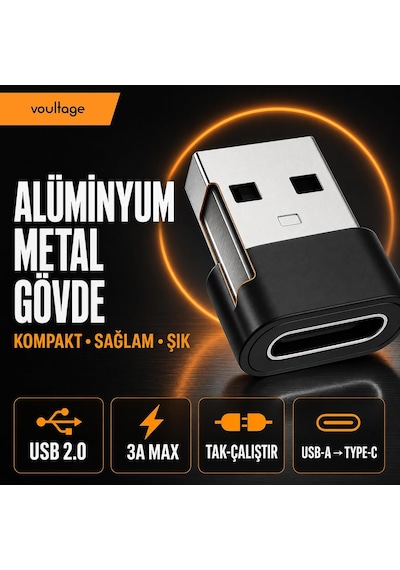 Lexroo Usb To Type-c Dönüştürücü/çevirici, 3a Hızlı Şarj Ve Veri Aktarımı, Otg, Mini Boy Siyah