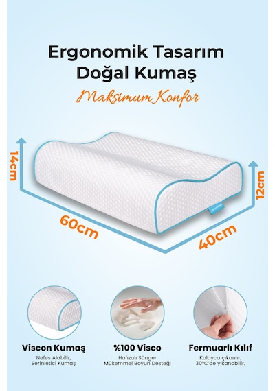 Viscofoam Yüksek Boyun Destekli Ortopedik Yastık Çift Boyun Destekli Visco Yastık - 60x40x14-12cm