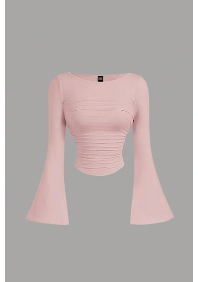 Kadın Likralı Drapeli Uzun İspanyol Kollu Crop Bluz Açık Pembe