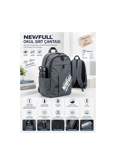 Newfull Okul Sırt Çantası Gri