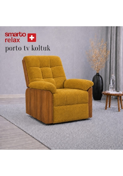 Smarto Relax Porto Tv Koltuğu Ahşap Yan Panelli Döner Ve Elektrikli Döner Sallanan Kontrollü Nefes Alabilir Kumaş Baba Koltuğu Sarı