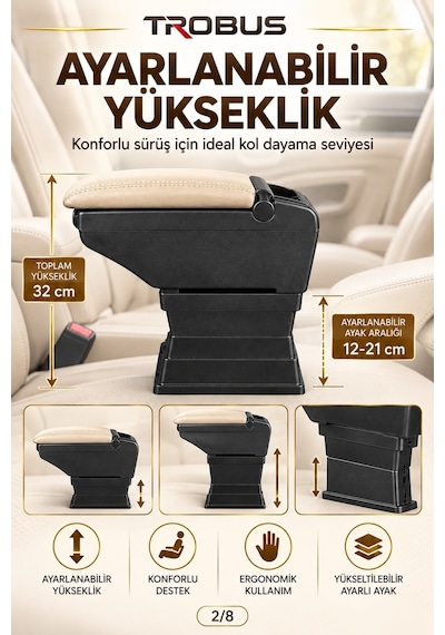 Trobus Dacia Lodgy 2012-2022 Uyumlu Ayarlanabilir Ayaklı Kolçak Kol Dayama Bardaklıklı Bej Siyah