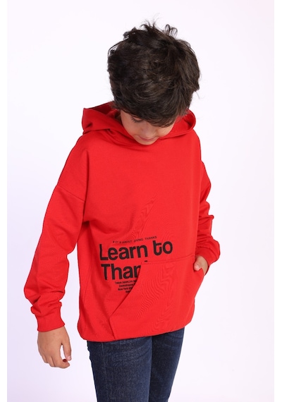 Toontoy Kids Toontoy Erkek Çocuk Kapüşonlu Kanguru Cepli Baskılı Sweatshirt Kırmızı