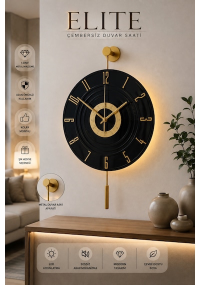 MetaQuartz Aksesuar Kardelen Gold Siyah Ledli 12 - 24 Duvar Saati Siyah - Gold