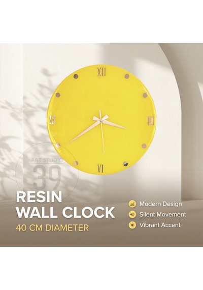 Dekoratif Epoksi Duvar Saati 40 Cm, Neon Sarı Modern Tasarım, Gümüş Detaylı, Sessiz Mekanizma, Yeni Ev Hediyesi Sarı