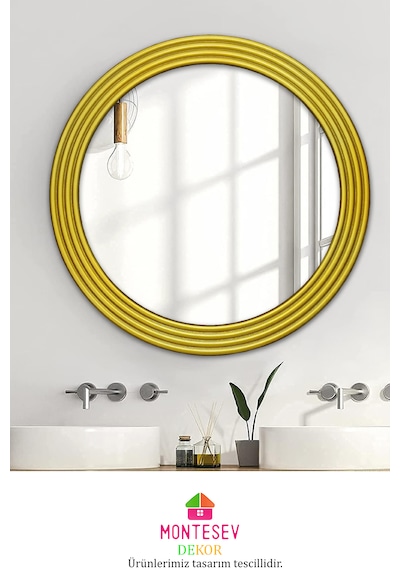 Zümrüt Ahşap Gold Yuvarlak Ayna Işlemeli Duvar Banyo Aynası 56 Cm Gold