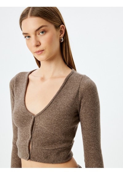 Koton Uzun Kollu Düğmeli V Yaka Crop Örme Pijama Üstü Vizon 5wlk40187mk