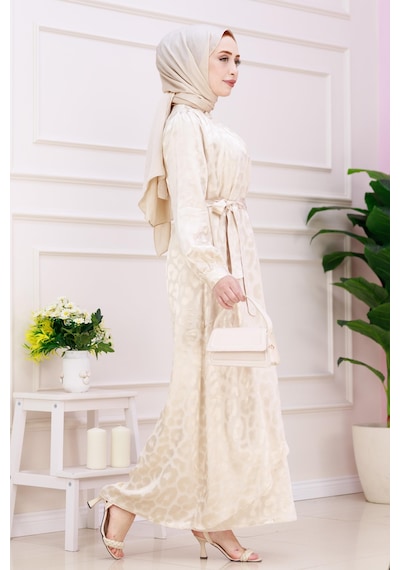 Kat Detaylı Eflan Saten Abiye-bej-4837 Bej