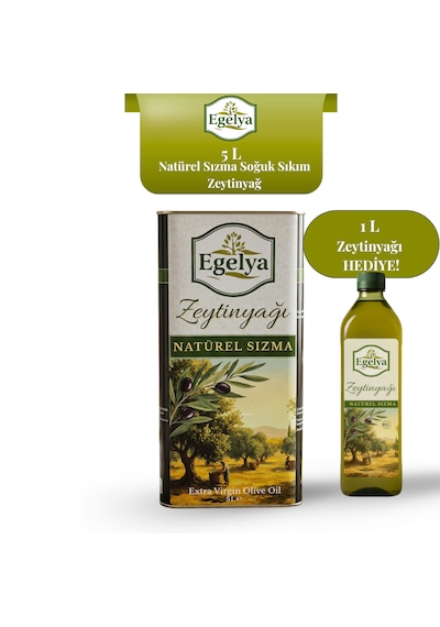 Egelya Natürel Sızma Zeytinyağı 5 L Teneke Soğuk Sıkım, %0,5 Asit, Butik Üretim, 1 Lt Zeytinyağı Hediye