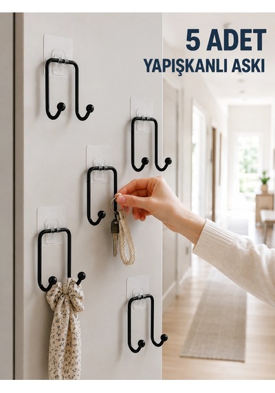 5 Adet Yapışkanlı Duvar Askısı Çok Amaçlı Pratik Askılık Seti Renkli