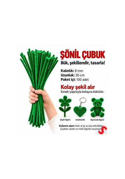 Şönil Çubuk 8 Mm Kalınlık 30 Cm Uzunluk, 100 Adet - Yeşil