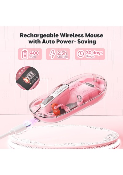 Btm005 Saydam Ofis Mouse 2.4g Kablosuz + Çift Bluetooth Sessiz Tıklama 2400 Dpı Pembe