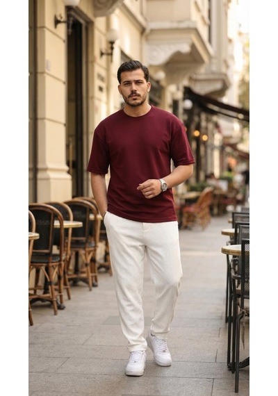 Veraura Lifestyle Erkek Duble Kol Basic Tişört Bordo