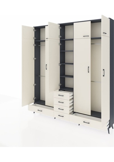 Arges Dolap 6 Raflı 6 Çekmeceli 4 Askılı 220x30x243 Antrasit-aytaşı/aytaşı Aytası/aytası