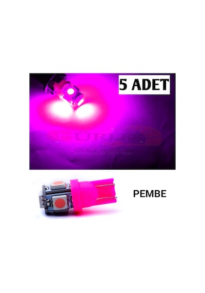 T10 Led 12V Pembe Renk 5 Ledli Park Plaka Tavan Led Ampül 5 Adet
