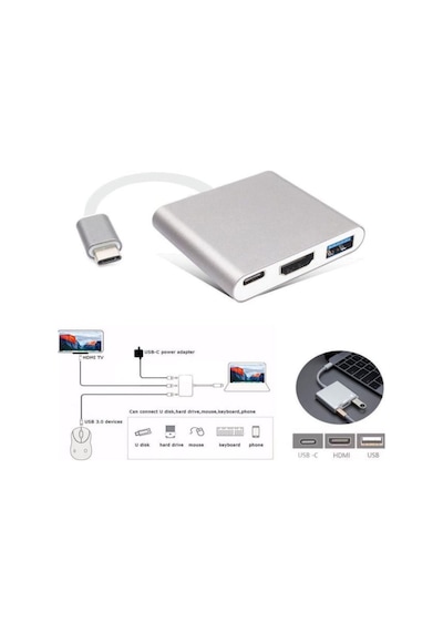 3 İn1 Type-C To HDMI 4K USB 3.0 Çevirici Dönüştürücü Adaptör
