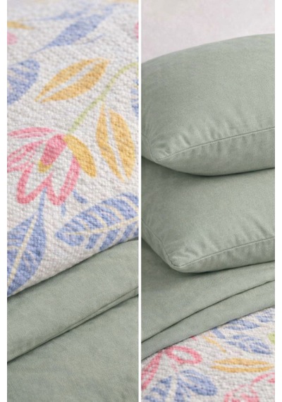 Faralya Life Baskılı Çift Kişilik Pike Takımı 200x220 Cm Pike 240x260 Çarşaf 2 Adet 50x70 Yastık Kılıfı %100 Pamuk Yumuşak Dokulu Yatak Örtüsü Seti Yeşil 